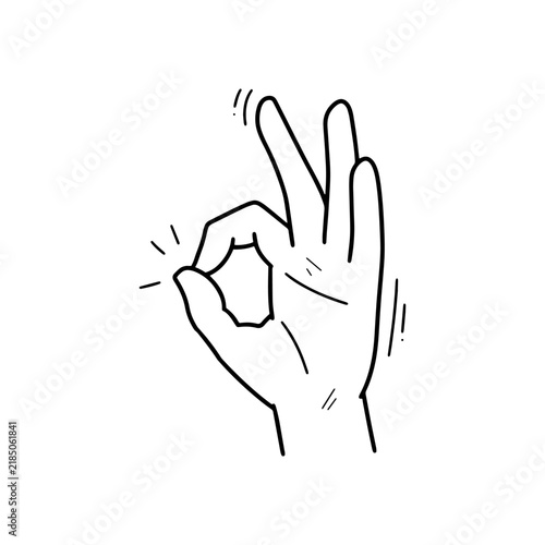 Simple hand-drawn illustration of a hand making an OK gesture with the thumb and index finger forming a circle, isolated on a white background.