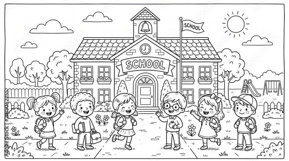 Obraz premium Coloring Page School Entrance with Children.