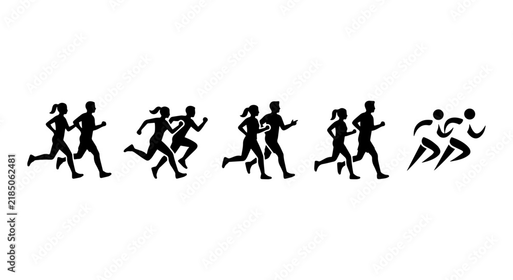 Obraz premium Running Silhouettes, Diverse Pairs Jogging Icons, Active Lifestyle Vector Set