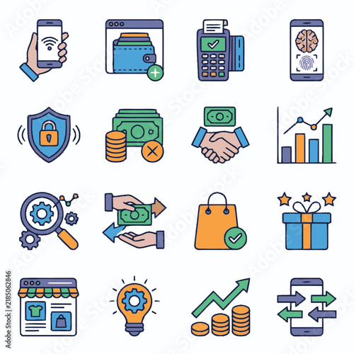 Fintech Digital Banking Cybersecurity and Financial Security Icon Set