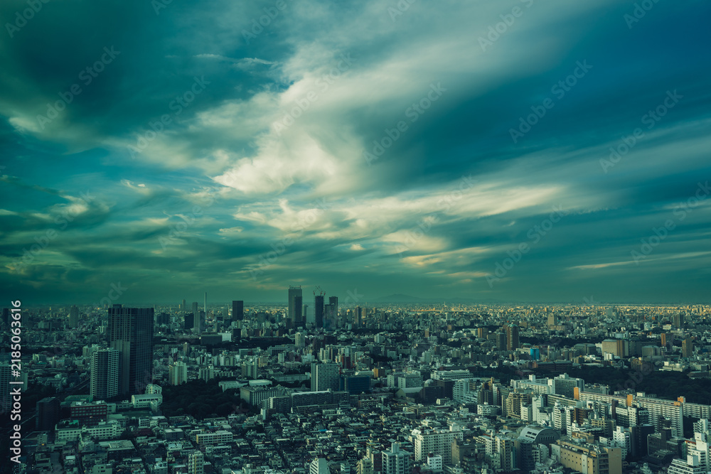 Obraz premium Dystopian Tokyo Cityscape, Stormy Skyline