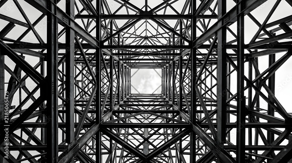 Fototapeta premium Looking upward through an intricate lattice of steel beams that converge into a square opening against a pale sky emphasizing industrial geometry in monochrome