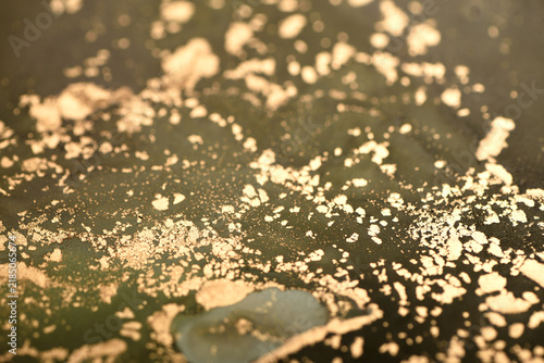Abstract background of swamp-green and gold swirls; photo of a surface.