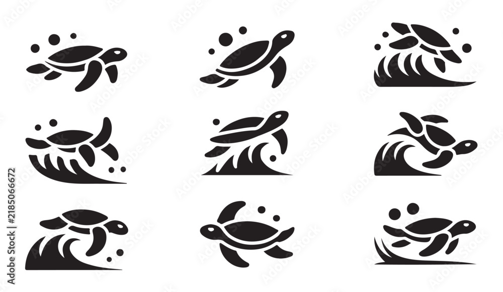 Obraz premium Sea turtle silhouettes jumping over ocean waves vector collection for tropical theme summer design elements.