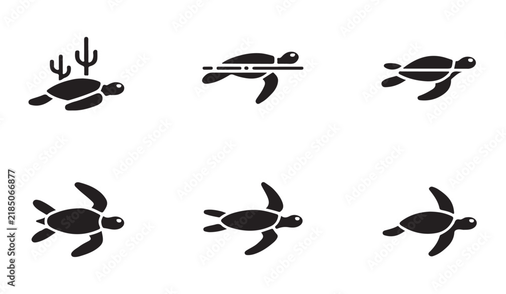 Fototapeta premium Sea turtle silhouette icons black solid vector set for ocean conservation awareness graphic design elements.