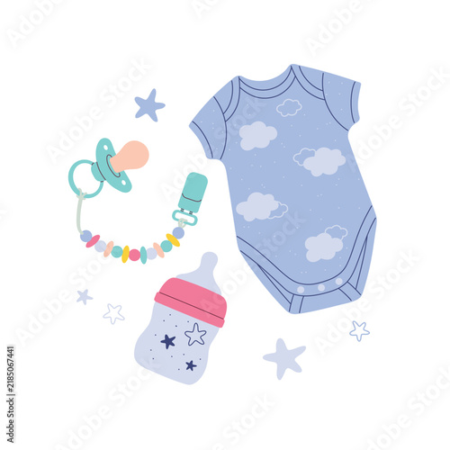 Cute baby essentials set with bodysuit, pacifier, baby bottle and colorful pacifier clip, isolated on white background.