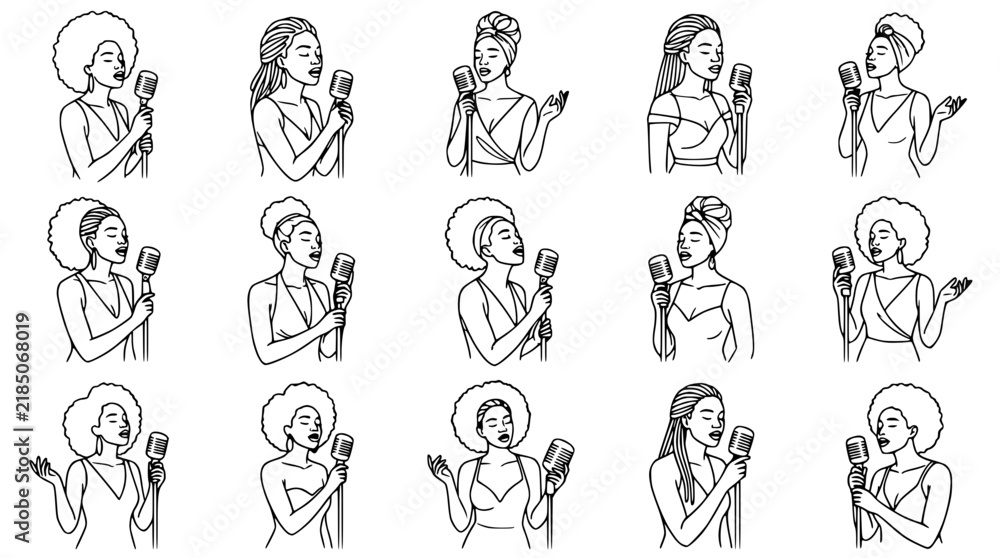 Fototapeta premium Diverse Women Singers Performing with Microphones - Isolated Line Art Collection
