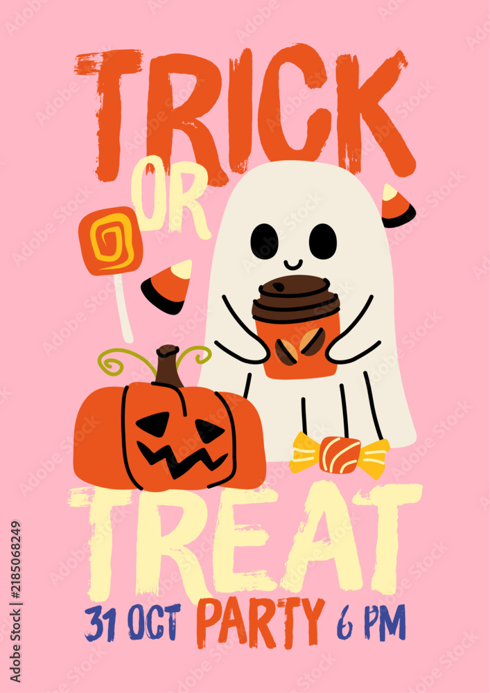 Fototapeta premium Cute ghost with coffee cup hand drawn vector poster for Halloween