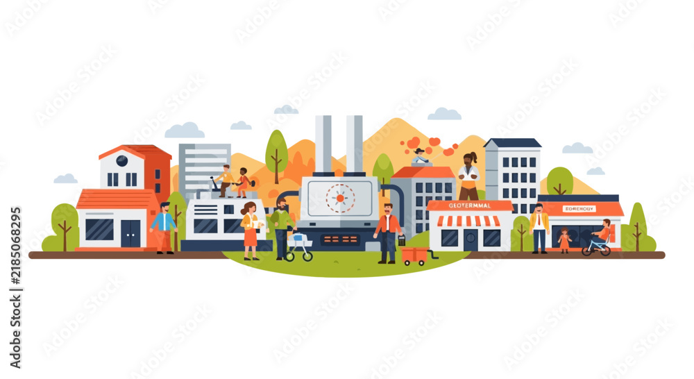 Fototapeta premium Sustainable Green City Illustration with Geothermal Power Plant and Diverse Community