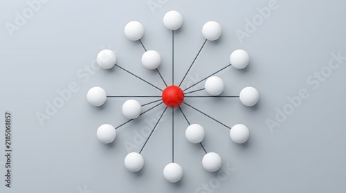 Central red sphere linked via slender rods to twelve evenly spaced white spheres forming a symmetrical radial structure against a plain light gray background