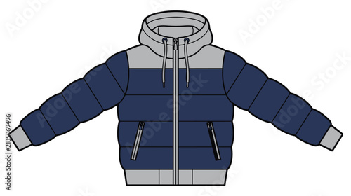 Long Sleeve Puffer Hoodie Jacket CAD Vector Icon, Two-Tone Fashion Design with Bold Outlines