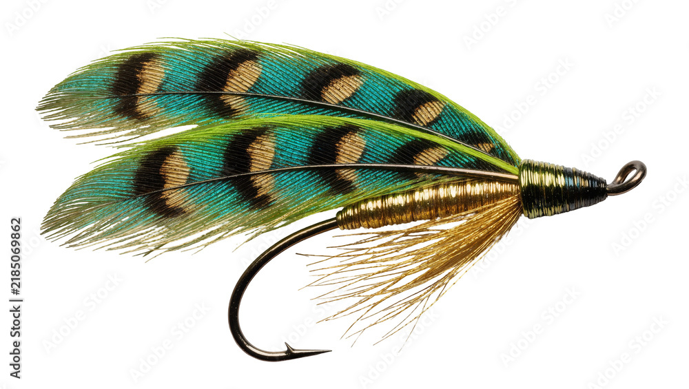 Fototapeta premium Intricate fishing lure with green and brown feathers, isolated on transparent background