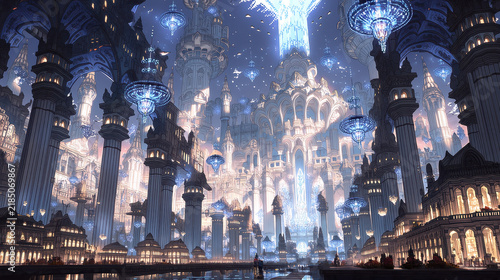 Futuristic cityscape at dusk, vibrant lights illuminating towering skyscrapers, dynamic atmosphere with modern architecture, copy-space available.