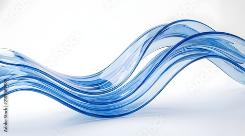 An abstract blue glass like wave form with multiple transparent layers  gracefully curving across a minimalist white setting  emphasizing light reflection and fluid motion