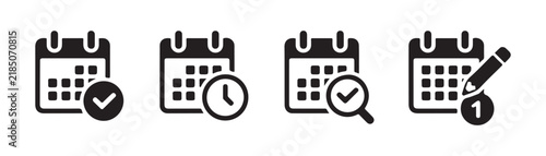 Black calendar icons with status symbols including check clock search and pencil markers.