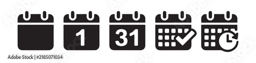 Solid black calendar design sheets showing empty first day end month checkmark and clock.