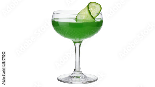 Cuadro en lienzo Green cocktail with cucumber slices served in a coupe glass, isolated on transpa