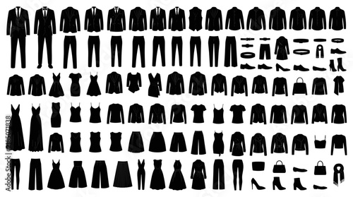 Fashion clothing silhouette vector set with men and women apparel icons in black flat style