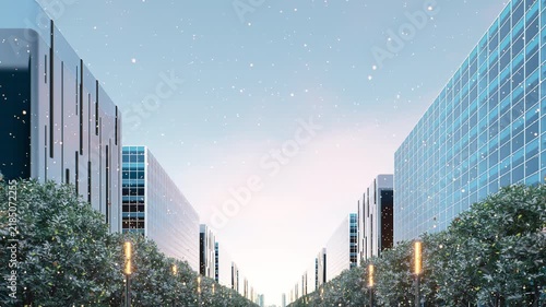 Looping 3d winter city footage featuring modern buildings, falling snow, moving clouds, festive New Year atmosphere, seasonal celebration, urban landscape, holiday background, cold weather scenery.
