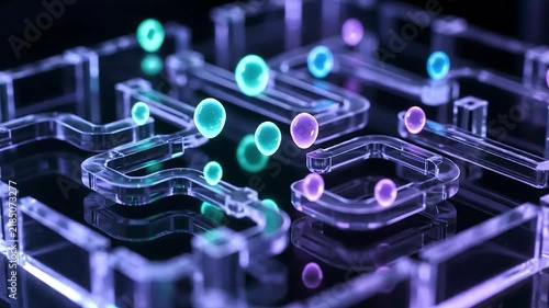 Microfluidic chip processing glowing droplets in a lab on a chip device for scientific analysis and biotechnology research