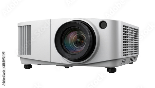 Foto Modern white digital projector with large lens, isolated on transparent backgrou