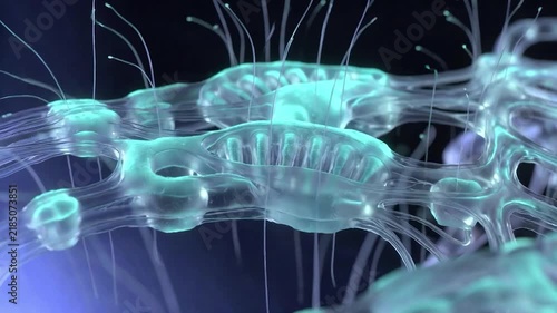 Abstract bioluminescent microorganisms or alien life form pulsating in a dark, deep sea environment with glowing tentacles