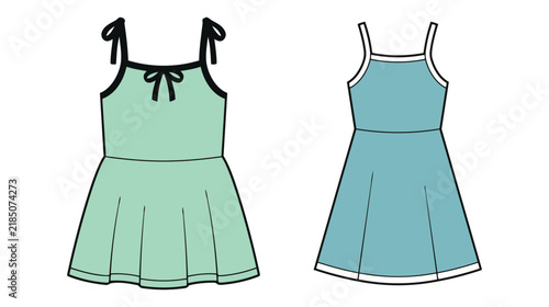 Girls Strappy Dress CAD Vector Icon, Precise Technical Fashion Drawing with Two-Tone Design