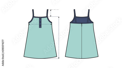 Two-Tone Girls Strappy Dress Vector Icon, Clean Technical CAD Apparel Illustration