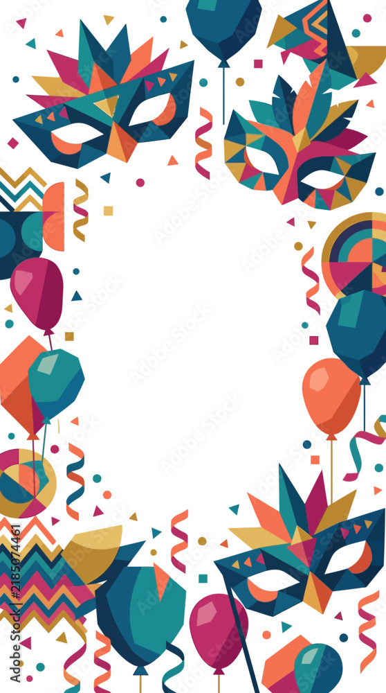 Naklejka premium Modern carnival festival, abstract geometric masks, balloons, confetti, ribbons and colorful shapes, contemporary flat vector design, large copy space in the center, white background, sophisticated co
