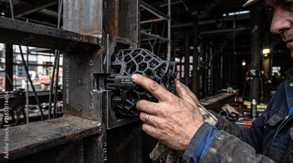 Fototapeta premium Construction worker carefully inspects metal framework on a building site
