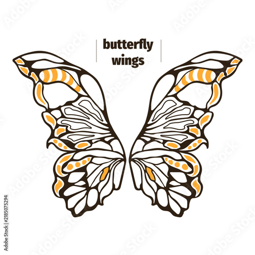 Decorative butterfly wings illustration with symmetrical line art and orange accents on white background