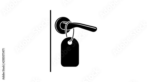 Black silhouette symbol showing a hotel room door handle featuring a hanging luggage tag representing travel lodging hospitality safety access security control management accommodation guests