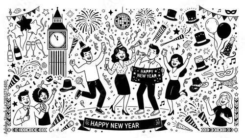 People celebrating during a joyful midnight festival with fireworks and dancing figures drawn by hand for seasonal greeting cards and party flyers featuring festive elements and cheerful crowds