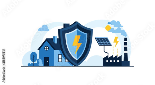 Sustainable Energy Security Concept with Home, Solar Panel, and Industrial Shield