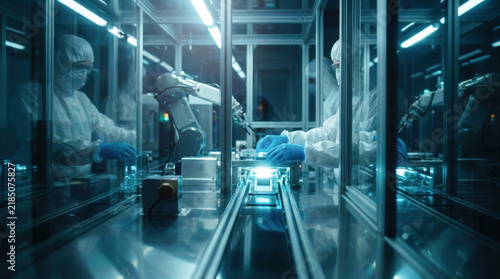Workers in Cleanroom Suits Operating Robotic Assembly Line