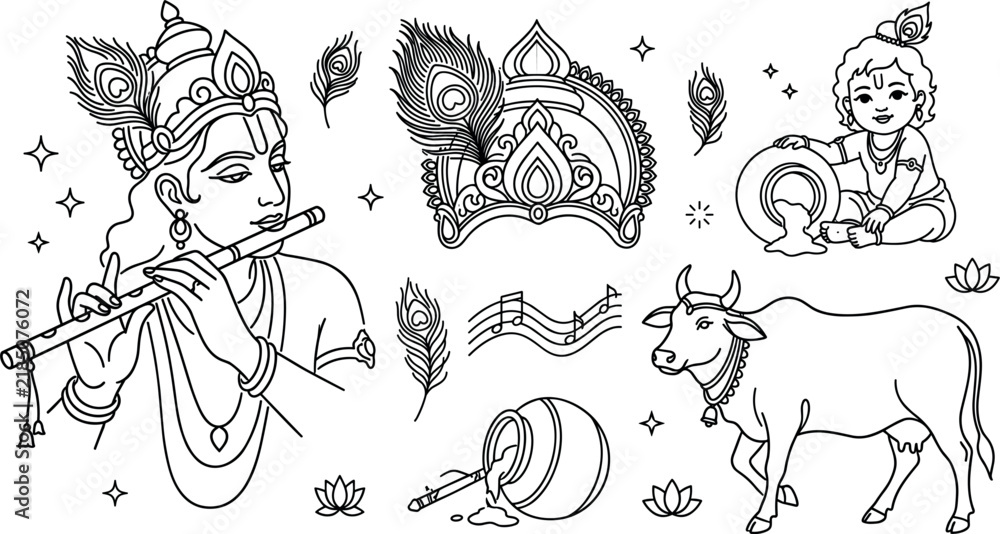 Obraz premium Lord Krishna Indian Hindu Deity Outline Icon Set with Bal Krishna Holy Cow Flute and Matki Elements Vector Illustration