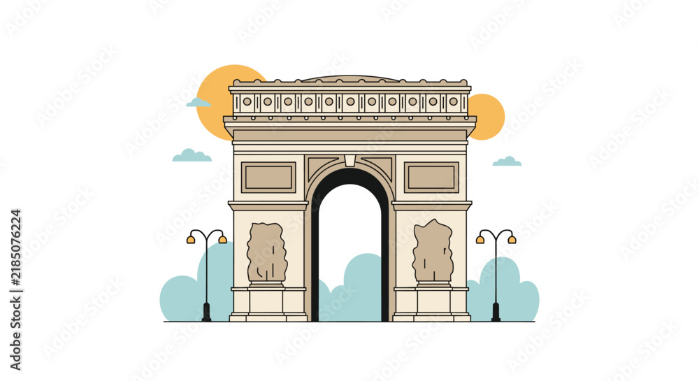 Obraz premium Graphic illustration of the famous Arc of Triomphe monument in Paris, under a sunny sky with street lamps on both sides.