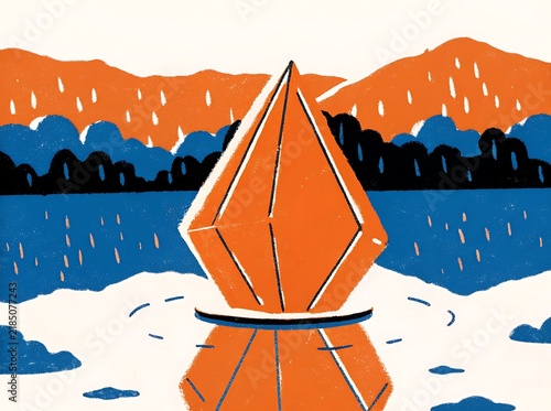 Abstract illustration of a geometric orange crystal shape reflected in water with mountains in the background