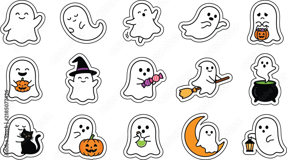 Fototapeta premium Collection of playful cartoon ghost faces with various halloween themed illustrations