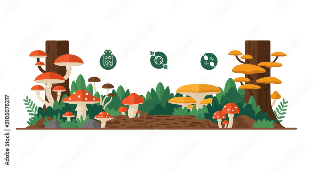 Fototapeta premium Flat Vector Illustration of a Forest Ecosystem with Diverse Mushrooms and Ecological Icons