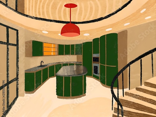 Artistic Illustration of a Curved Kitchen Interior with Green Cabinets and Stairs