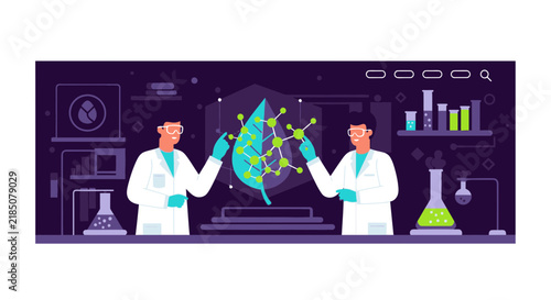 Biotechnology Scientists Analyzing Plant Leaf Molecule in Science Laboratory Vector Illustration