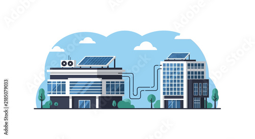 Sustainable Smart Office Buildings with Solar Panels Flat Vector Illustration