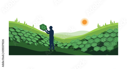 Smart Farming Vector Illustration with Farmer and Hexagonal Crops