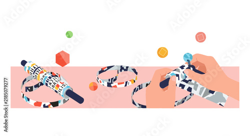 Hands Crafting DIY Paper Bracelets with Colorful Geometric Patterns Illustration