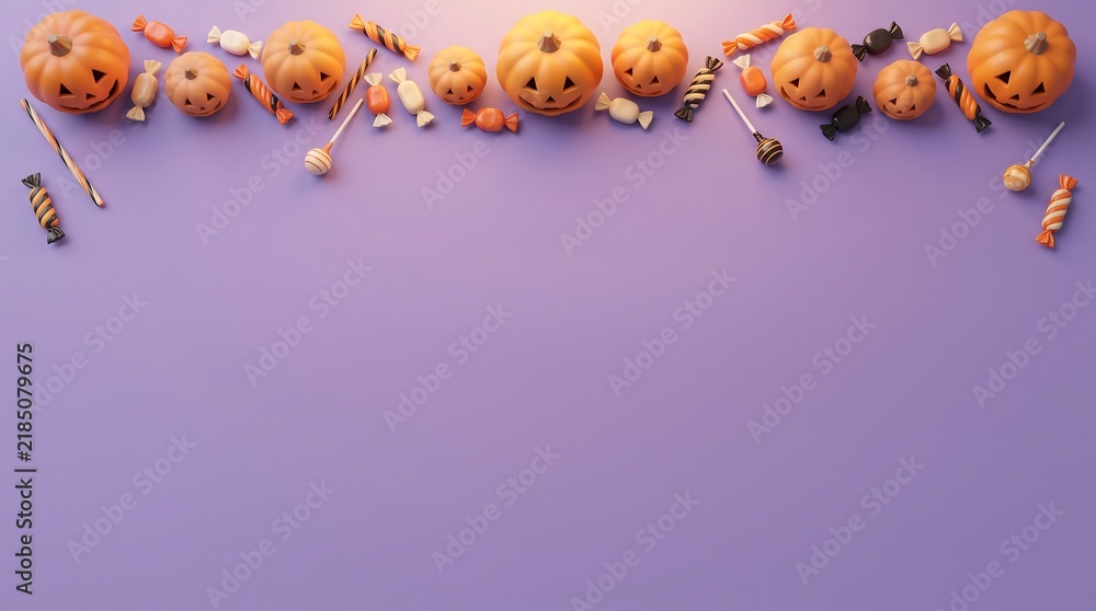 Fototapeta premium Jack o lantern pumpkins and halloween candies on violet background for festive card frame.
