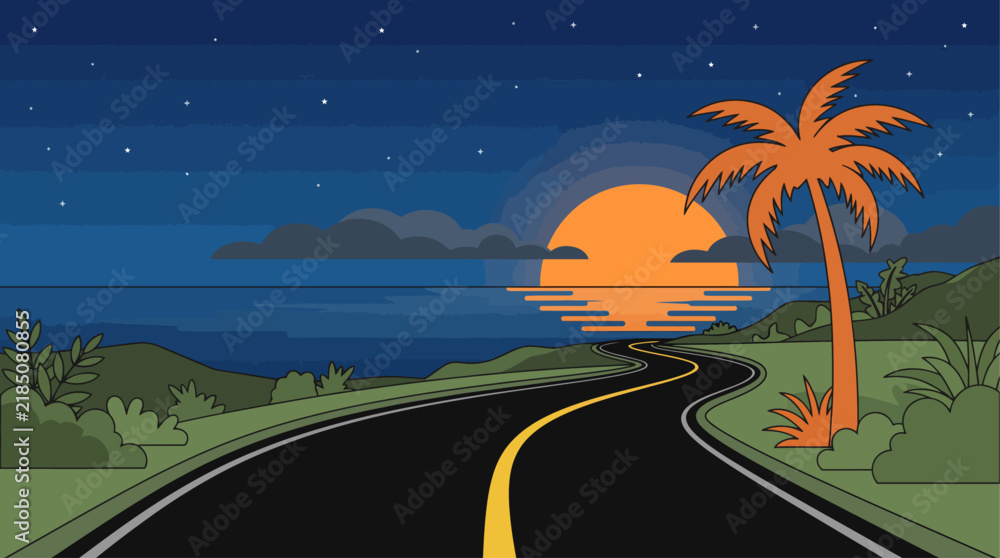 Obraz premium coastal road trip landscape at sunset with palm tree and ocean