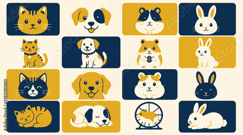 A collection of cute domestic pet icons featuring cats dogs hamsters and rabbits in flat style.