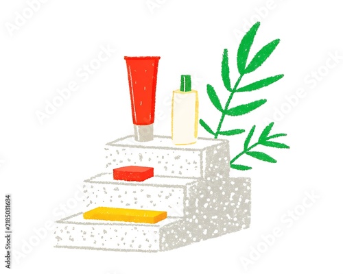 Cosmetic Tubes and Leaf Illustration on Terrazzo Steps on White Background skincare