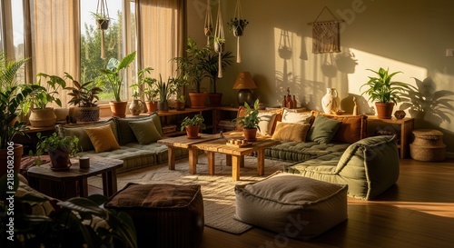 Bohemian Living Room Oasis With Abundant Natural Light And Lush Greenery
